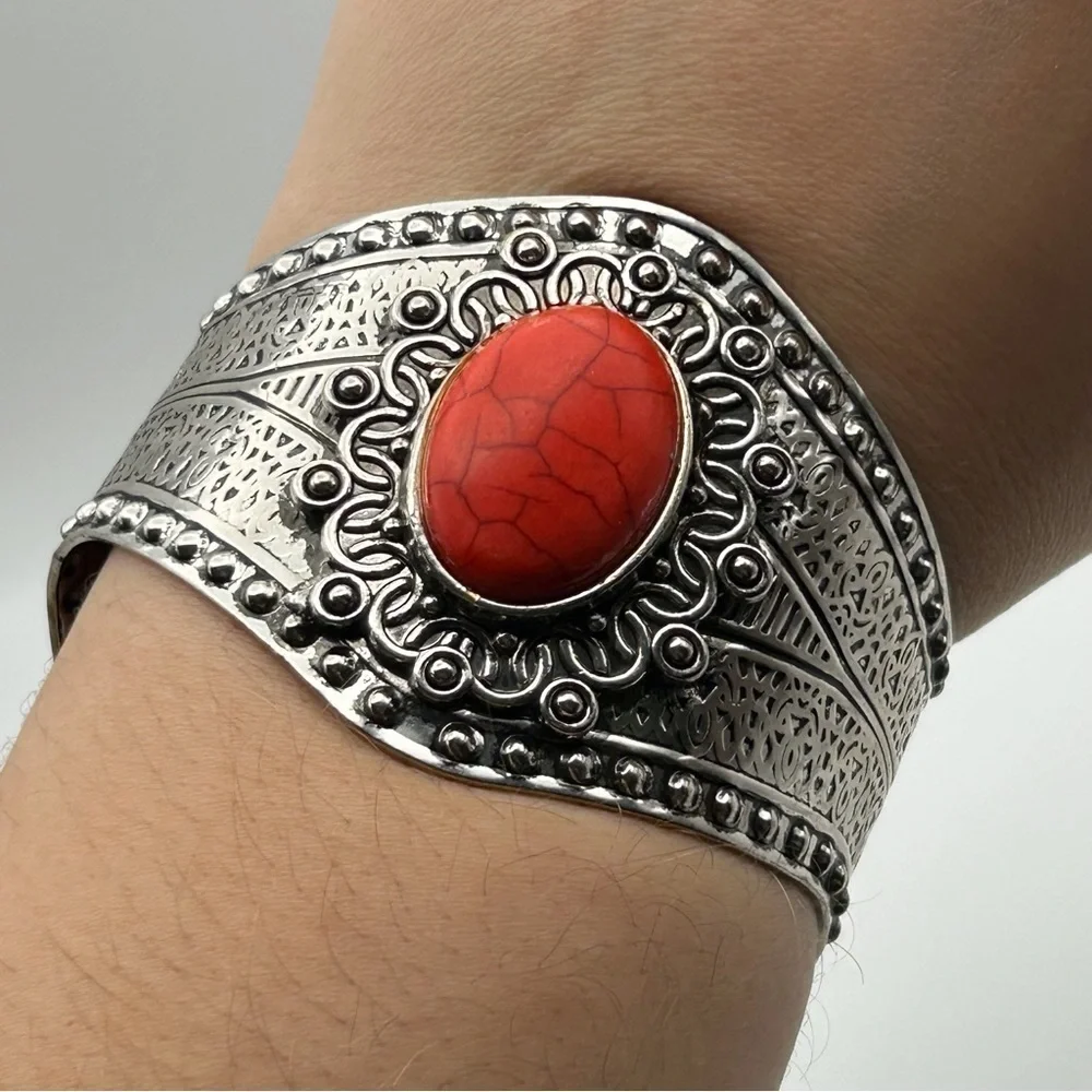 Boho Silver Tone Studded Ornate Cuff Bracelet with Faux Vibrant Orange Stone